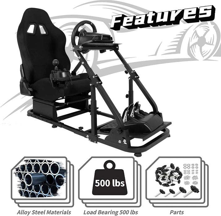 Minneer™ Racing Simulator Cockpit Frame Adjustable with Black Seat Racing Wheel Stand Fits Logitech G923 G29 G920 Thrustmaster Fanatec Steering Wheel and Pedals not Included